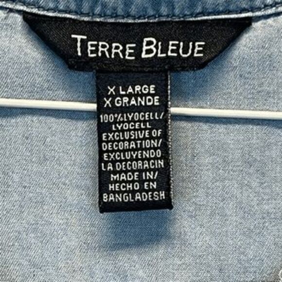 TERRE BLEUE Women’s Sleeveless Dress XL Blue Embroidered Floral Button Front - Picture 9 of 11